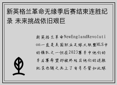 新英格兰革命无缘季后赛结束连胜纪录 未来挑战依旧艰巨