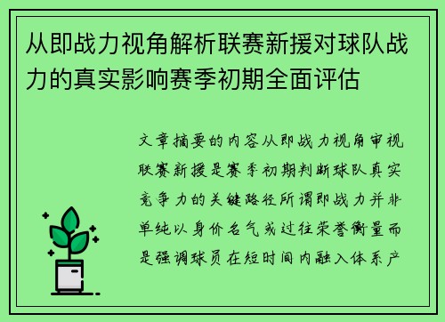 从即战力视角解析联赛新援对球队战力的真实影响赛季初期全面评估